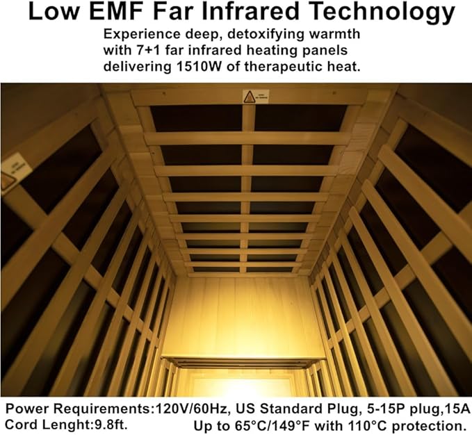 Far Infrared Sauna Room 1-2 Person Infrared Home Saunas, 8 Low EMF Heating Panels, 1510 Watts Red Cedar Wood Sauna with Door Heating Panel, LCD Display-Control, Blue-tooth Audio, Outdoor Lamp