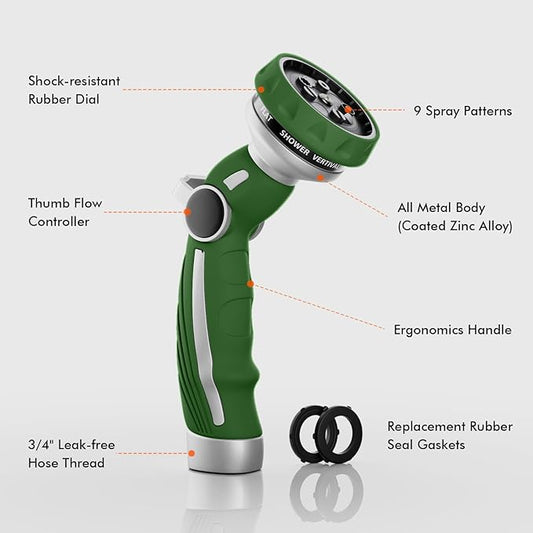 RESTMO Hose Nozzle Heavy Duty, Metal Water Hose Sprayer for Garden, 9 Spray Patterns | High Pressure | Thumb Flow Control | On/Off Valve, Ideal for Lawn & Plant Watering, Car & Pet Washing, Green