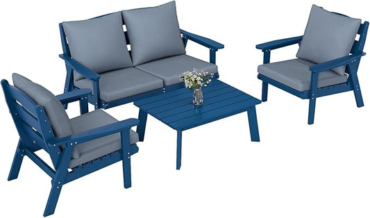 FOOWIN 4-Piece Patio Furniture Set, HDPE All-Weather Outdoor Conversation Set with Thick Cushions, Sectional Patio Sofa Furniture for Deck, Porch, Lawn, Garden, Navy Blue Frame & Grey Cushion