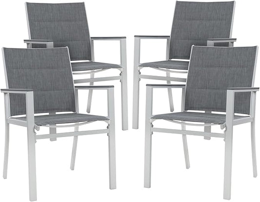 Kozyard Villa Outdoor Patio Alu. Anti-Rusty Dining Chair with White Frame, Gray Paded Textilence (4 Pack, White Chair)