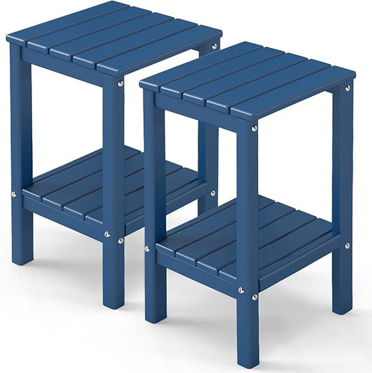 GREENVINES Tall-Outdoor-Side-Table Set of 2 | 23.5" | HDPE Plastic | Patio Adirondack End Tables | All Weather | 2-Tier | Blue | for Porch Garden Indoor & Rocking Chairs