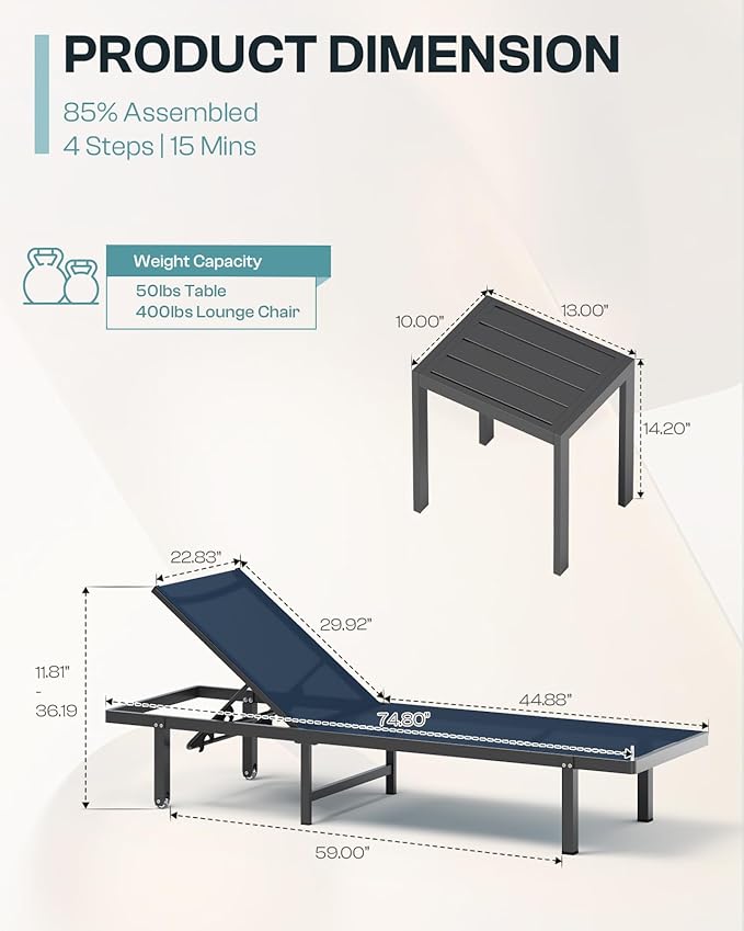 Pool Lounge Chairs Set of 2，Outdoor Lounge Chairs with Wheels and 5-Position Recliner -Easy to Move- Aluminum Patio Lounge Chair for Poolside, Deck (Navyblue)