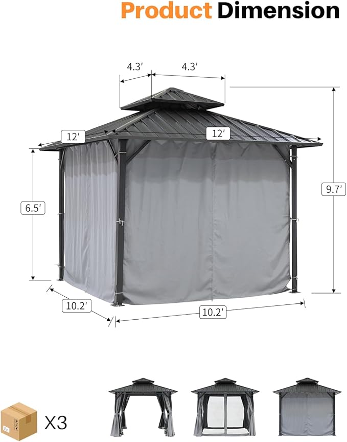 SEEHILL 12' x 12' Hardtop Gazebo, Aluminum Frame Patio Hardtop Gazebos with Netting and Curtain, Outdoor Patio Pergola, Outdoor Patio Gazebo with Double Metal Roofs for Lawns, Garden, Deck, Slate Gray