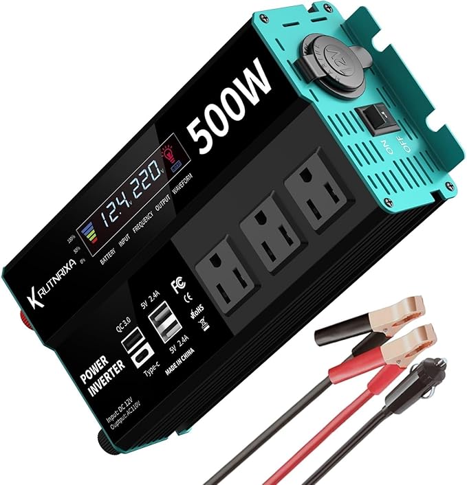 Power Inverters 500W 12V DC to 110V AC Converter for Vehicles USB-C/PD 25W Fast Charging Ports Car Charger Adapter with a Cigarette Lighter Ports Plug Outlet(Modified sine wave-500W)