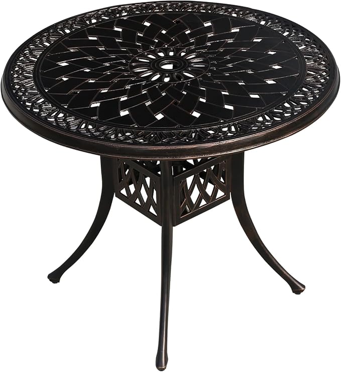 FAPOLITE Outdoor Table Cast Aluminum Round Patio Table with Umbrella Hole All Weather Outdoor Dining Table for Lawn Garden Backyard (90cm Woven Round Table)