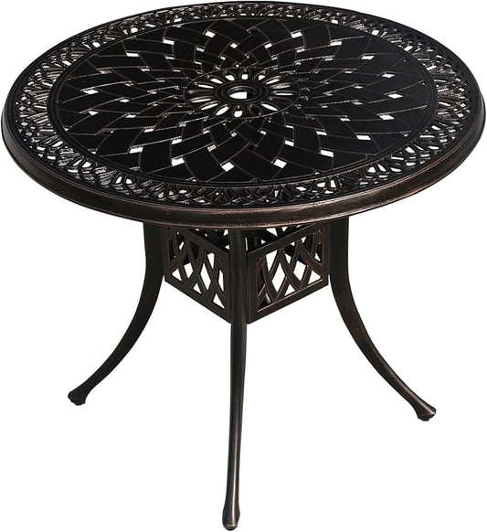 FAPOLITE Outdoor Table Cast Aluminum Round Patio Table with Umbrella Hole All Weather Outdoor Dining Table for Lawn Garden Backyard (90cm Woven Round Table)