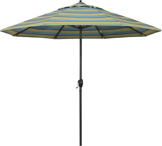 California Umbrella 9' Rd Aluminum Patio Umbrella, Crank Lift, Auto Tilt, Black Finish, Sunbrella Astoria Lagoon