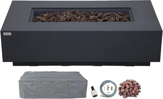 AMS Creations | Madison 60" Rectangular Natural Gas Outdoor Fire Pit Table | Dark Gray Concrete GFRC | Smooth Texture or Surface | Electronic Ignition | Outside Backyard Fireplace