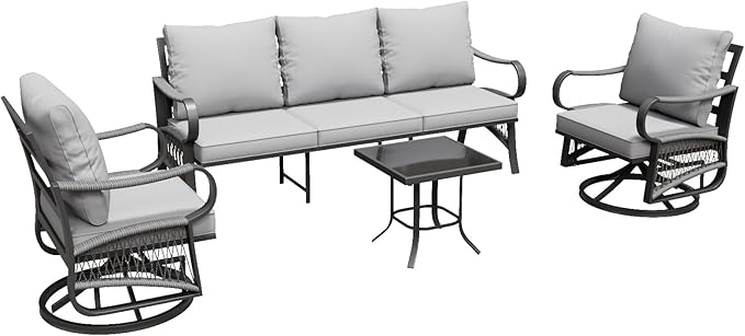 4 Piece Patio Furniture Set, All Weather Metal Outdoor Conversation Set with Swivel Chairs, Thick Cushions and Coffee Table for Garden, Porch, Lawn, Grey