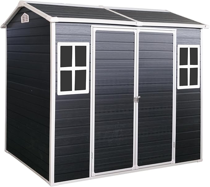 8x4 ft Outdoor Resin Storage Shed with Floor, Waterproof Plastic Garden Shed with Lockable Door and Two Windows, All-Weather Tool Sheds for Backyard, Patio, Lawn (Black)