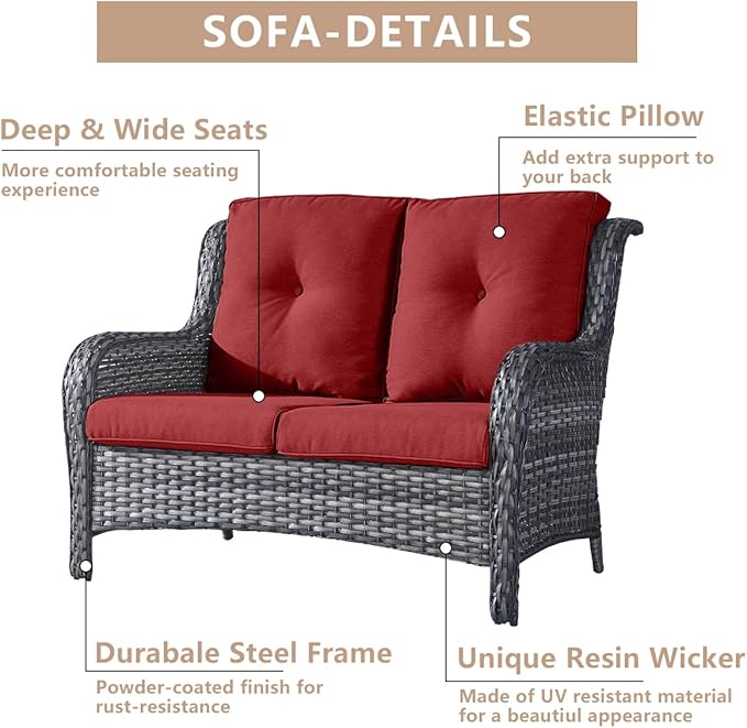 HUMMUH 5-Piece Patio Furniture Set with Fire Pit Table Wicker Outdoor Swivel Rocker Patio Chairs High Back Loveseat Conversation Set for Porch, Backyard, Deck