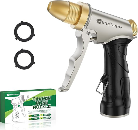 Yesker Garden Hose Nozzle Water Hose Sprayer Nozzle Adjustable 4 Spray Patterns Heavy Duty 100% Metal Brass Water Nozzles with Non-Slip Rubber Grip for Hose Outdoor Watering Plant Lawn Washing Car Pet
