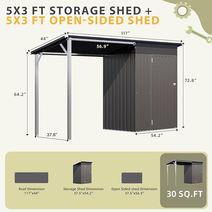 AECOJOY 10x4FT Metal Lean to Shed with Open-Sided Pergola, 5x3 FT Outdoor Storage Shed & 5x3 Attached Hardtop Gazebo Combo, 30 Sq.Ft Covered, 2-in-1 Small Sheds & Outdoor Storage for Patio