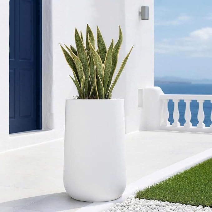 14.7" H x 14.7" D Tall Conico Fiberstone Planter - Christmas Tree Planter for Indoor and Outdoor Use, 5 Year Guarantee, Included Extra Coco Mats (White, 23.1" Pot Opening)