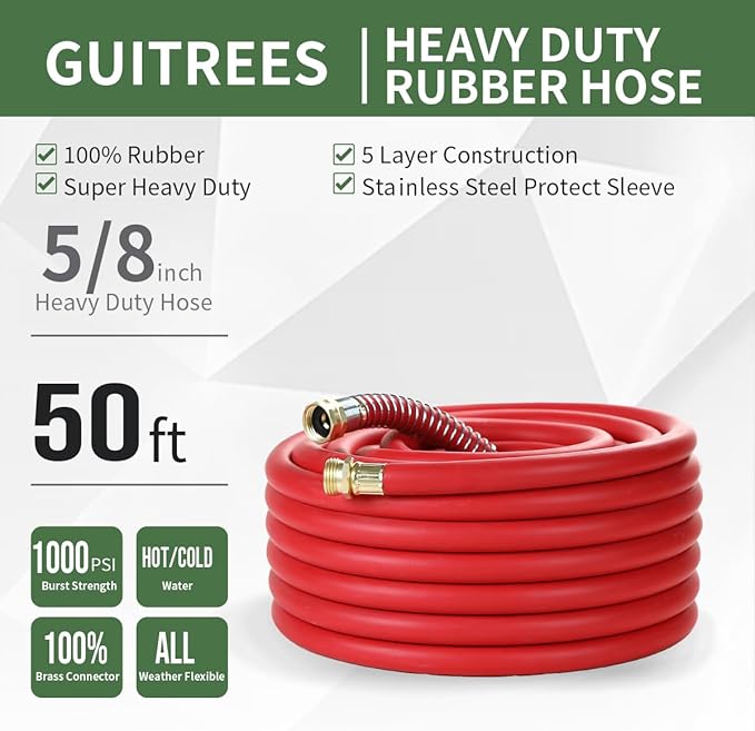 50FT 5/8 Heavy Duty Rubber Garden Hose - 200psi Working, 1000psi Burst - Hot/Cold Water - Five-Layered Braiding for Durability - Versatile for Gardening, Agriculture, Construction(Red)
