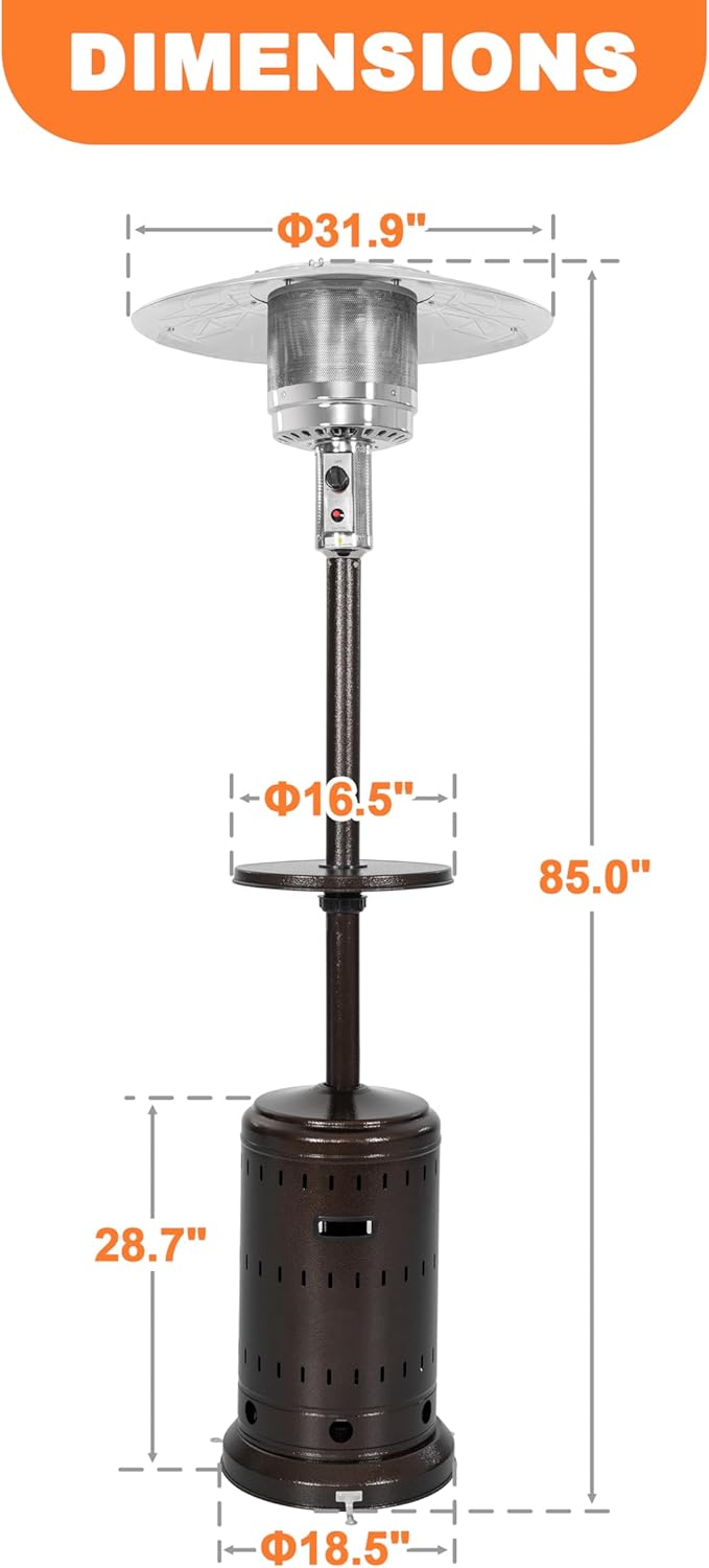 Nuu Garden Outdoor Propane Gas Patio Heater with Liftable Drink Stand and Wheels, 304 Stainless Steel Burner Patio Heater for Backyard, Garden, Porch, Brown