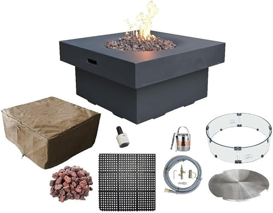 AMS Fireplace | Modeno Branford Package | Black Natural Gas Fire Pit Table for Outside Patio Bundle with Wind Guard, SS Burner Lid | Free Ice Bucket & Rubber Mat