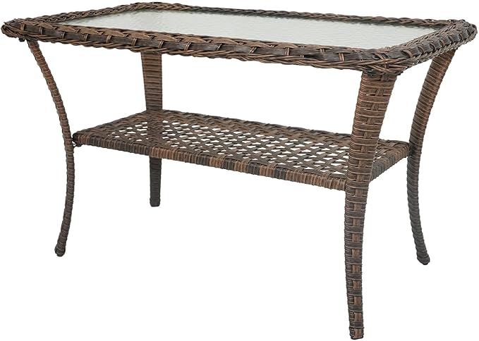 Belord 38 Inch Outdoor Coffee Table with 2 Tier Storage - Wicker Coffee Table with Water Ripple Texture Tempered Glass Top, All Weather Patio Coffee Table for Deck Porch Balcony Garden Brown