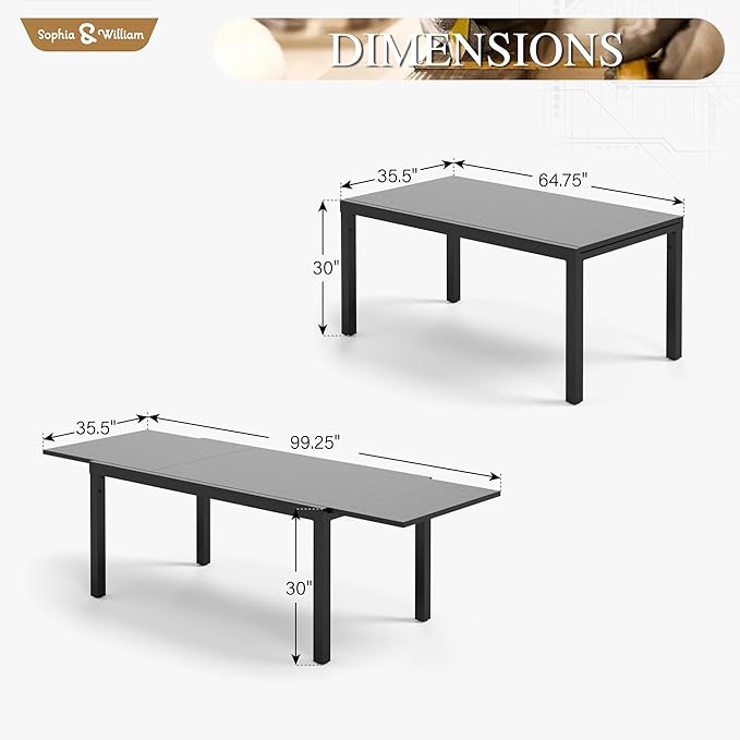 Sophia & William Expandable Patio Dining Table, Extra Large 99.2" L x 35.5" W Outdoor Dining Table for 6-10 Person Metal Rectangular Patio Table with E-Coating for Garden Porch Deck (Black)