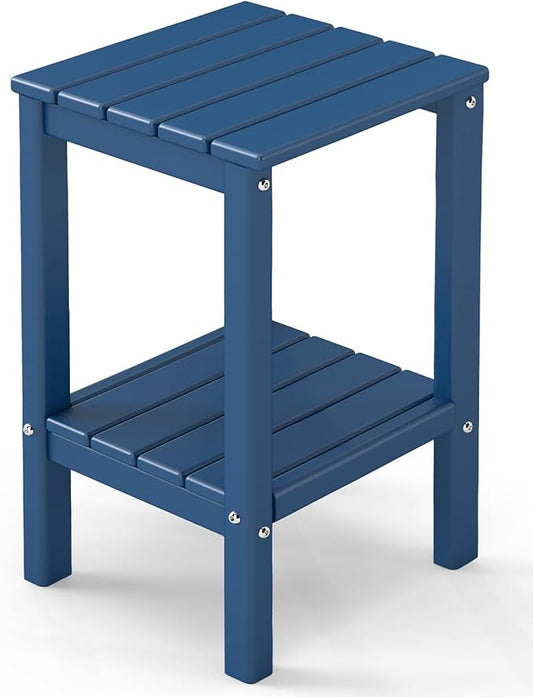 GREENVINES Tall-Outdoor-Side-Table | 23.5" | HDPE Plastic | Patio Adirondack End Tables | All Weather | 2-Tier | Blue | for Porch Garden Indoor & Rocking Chairs