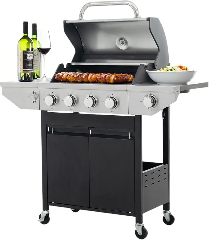 Endark BBQ Grill with 5-Burner Propane Gas Grill, Barbecue Grill 46500 BTU Stainless Steel with Side Burner, Porcelain Grates & Dual Shelves, Wheeled Portable for Backyard, Patio, Garden Cooking