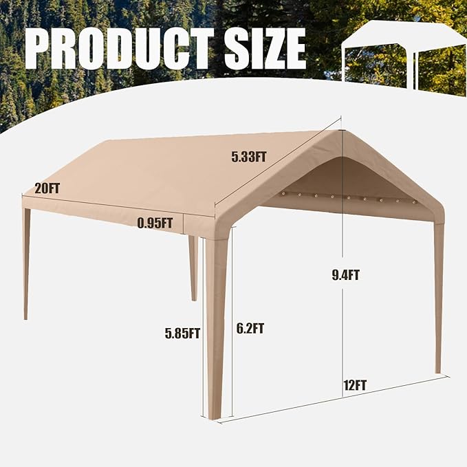 Carport Replacement Canopy Cover 12'x20' for Tent Top Garage Shelter Cover with Ball Bungees, 800D Heavy Duty Replacement Cover Waterproof & UV Protection, Not Included Frame(Brown)