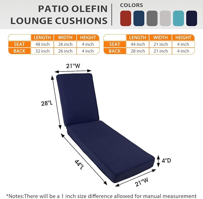 Sundale Outdoor Olefin Chaise Lounge Cushion, Water-Resistant Patio Lounge Chair Cushion, Thick Lounger Pad with 4 Straps Navy Blue, 72 x 21 x 4 Inches