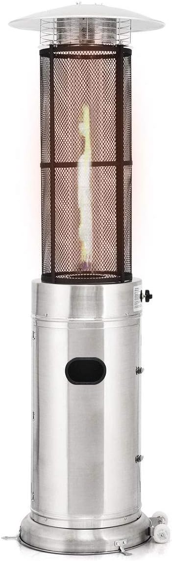 Giantex Propane Patio Heater, Floor-Standing Electric Heater w/Wheels, Dancing Flame, Quartz Glass Tube, Stainless Steel, Round Space Heater, Outdoor Heaters for Backyard, Balcony, BBQ Party, Silver