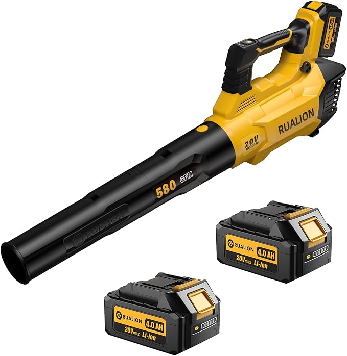 RUALION Leaf Blower Cordless, Electric Leaf Blowers Up to 580 CFM 160 MPH, Battery Powered Blowers for Lawn Care, Patio, Garage(2 * 20V 4.0 Ah Batteries and Charger Included)