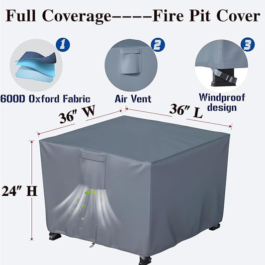 Chinchilla Heavy Duty 36 Inch Square Fire Pit Cover - 100% Waterproof & Weatherproof, Durable All-Season Protection for 32/33/34/35/36 Inch Propane Fire Pits and Tables