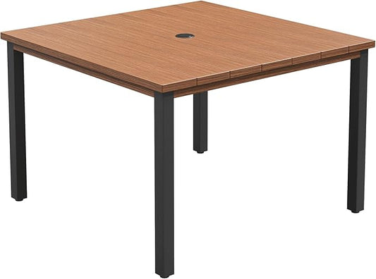 VICLLAX Outdoor Patio Dining Table for 4, Metal Square Patio Table with Umbrella Hole for Backyard Porch, Walnut 40.2"