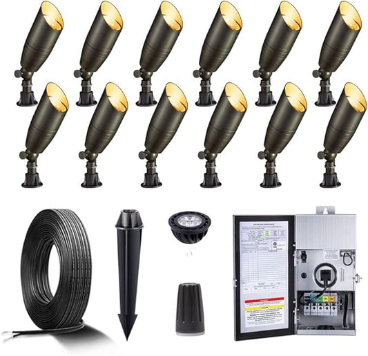 Gardenreet Solid Brass 12V LED Landscape Lighting Kit (12 Pack Spotlights) with 300W Low Voltage Transformer and Mechanical Timer and 250 Feet Wire and 50Pack Connectors for Outdoor Garden Patio