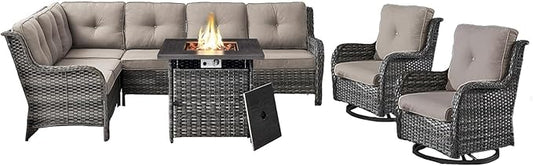 Belord Outdoor Sectional Sofa Furniture Set with Propane Fire Pit Table, Wicker Patio Conversation Set with 2 Swivel Glider Rocker Chairs Grey Cushion Perfect for Backyard Casual Gathering