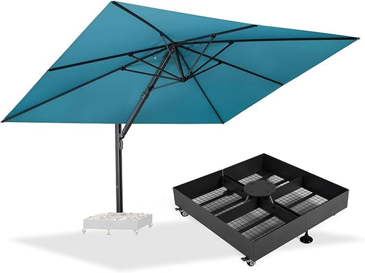 PURPLE LEAF 11' X 15' Rectangle Patio Umbrella Large Cantilever Outdoor Aluminum Offset Umbrella with 360° Rotation Cantilever Umbrella with Base Included for Garden Deck Backyard Pool Turquiose Blue