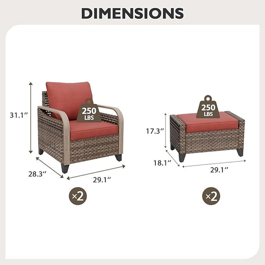 EAGLE PEAK Modern Wicker Outdoor Chair, Patio Chair Curved Armrest, Rattan Patio Furniture for Yard Deck Porch Garden, 2 Chairs 2 Ottomans, 4 Pieces, Brown/Red
