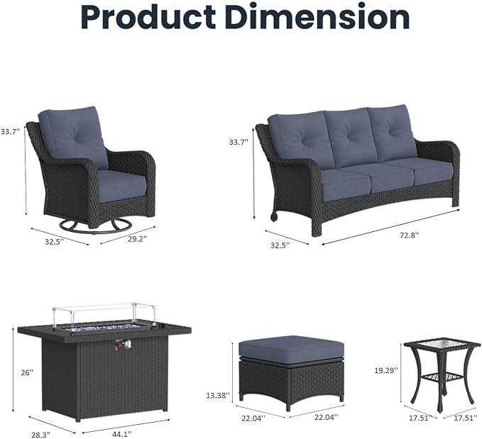 7 Pieces Outdoor Patio Furniture Sets with Rocking Swivel Chairs with 6-inch Thick Cushion and Fire Pit Table for Deck Lawn