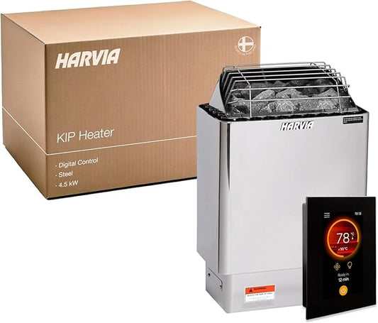 Harvia KIP Sauna Heater, Wall Mounted Electric Sauna Stove, Stainless Steel 220v Heater with Sauna Stones Included, Large Stone Cavity for Maximum Heat Release (4.5kW - Digital Controls)
