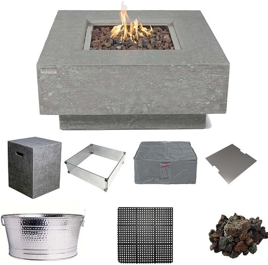 Elementi Manhattan Bundle Outdoor Firepit 36” Propane Firepit Table, Glass Windscreen, Stainless Steel, Tank/Canvas Cover, Floor Mat, Beverage Tub