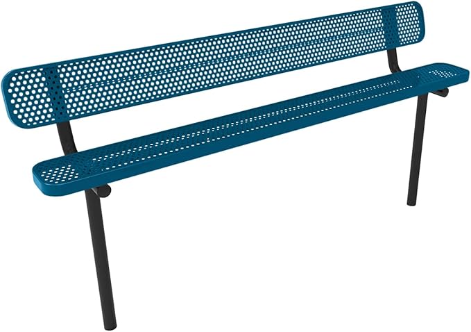 COATEDOUTDOORFURNITURE Coated Outdoor Furniture Heavy-Duty Outdoor Bench Thermoplastic Coated, Punched Steel, Commercial-Grade Seating, Made in America (Inground with Back, 8 Ft, Light Blue)