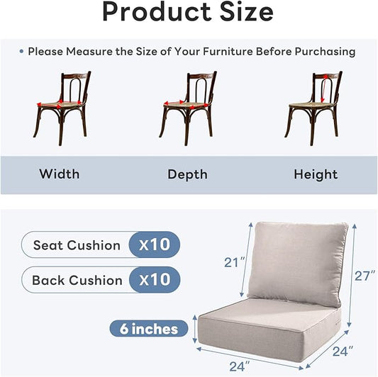 6" Thicker Outdoor Chair Cushion 10 Sets - 24" *24" *6" Waterproof Patio Furniture Cushions with Removable Cover, 28D High Density Sponge Filling Thicken Outdoor Patio Cushions - Beige