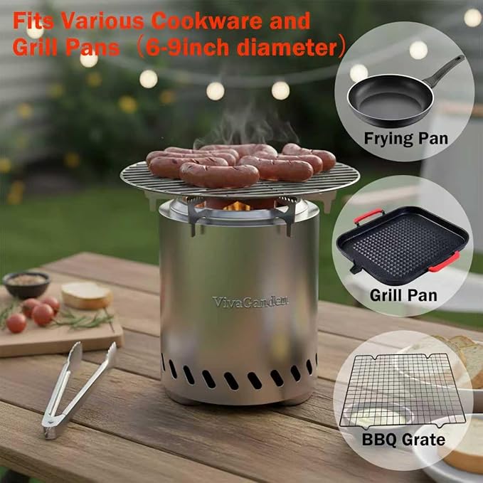 9.7 x 7.1 inch Tabletop FirePit, VivaGarden Portable Fire Pit Outdoor, Wood and Pellets Burning Camping Stove with Carry Bag, Forks, Mat and Pot Stand (Silver)