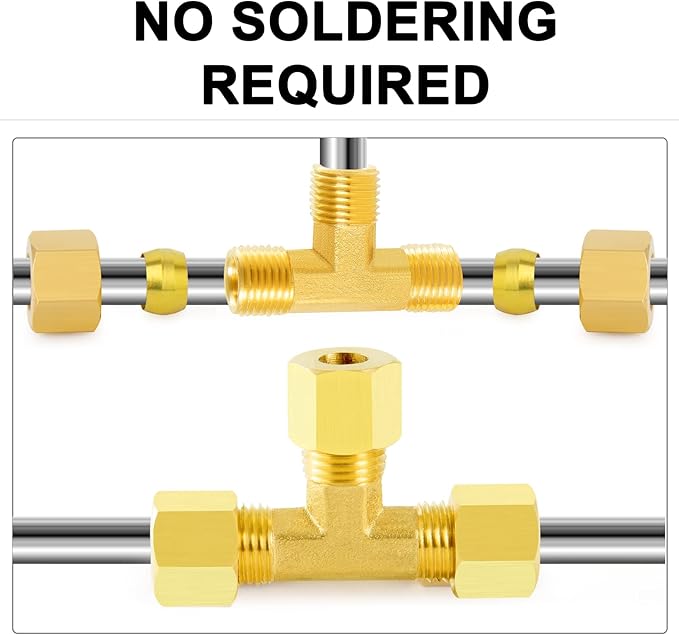 ChillWaves Brass Tee Compression Tube Fitting, 3/16" OD x 3/16" OD Union Connector (5-Pack)