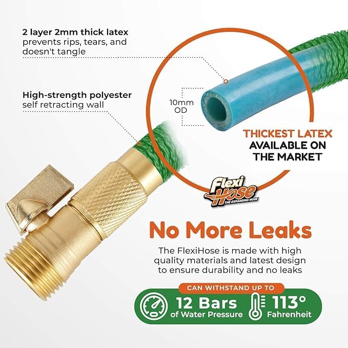 Flexi Hose with 8 Function Nozzle, 100FT - Lightweight Expandable Garden Hose, No-Kink Flexibility, 3/4 Inch Solid Brass Fittings and Double Latex Core - Green