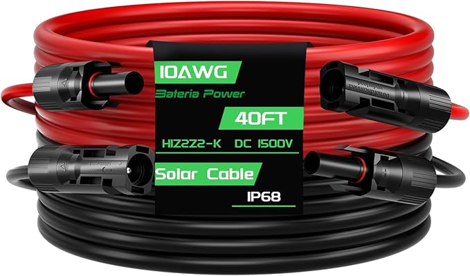 40Feet 10AWG Solar Panel Extension Cable, Bateria Power 10 Gauge 6mm² PV Wire with Female & Male Waterproof Connectors for RV, Photovoltaic Systems, Set of 2