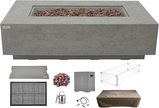 AMS Creations | Madison 60" Bundle Rectangular Propane Gas Outdoor Fire Pit Table | Light Gray Concrete GFRC | Limestone Texture or Surface | Electronic Ignition | Outside Backyard Fireplace