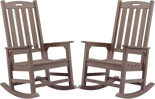 Psilvam Oversized Outdoor Rocking Chair Set of 2, Porch Rocker with 21" Wide Seat and 32" Tall Backrest, Pre-Assembled with Most Components for Effortless Installation (Brown)