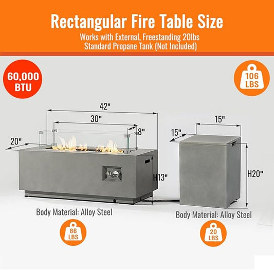 42" Outdoor Propane Fire Pit Table for Patio - 50,000 BTU Rectangular Gas Firepit Table, Grey Commercial-Grade Fireplace with Wind Guard