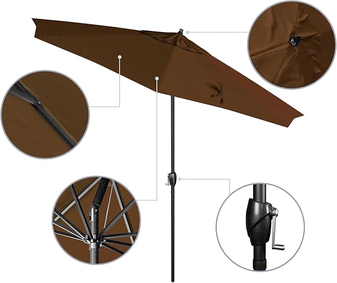 California Umbrella 9' Rd Aluminum Patio Umbrella, Crank Lift, Auto Tilt, Black Finish, Sunbrella Cocoa
