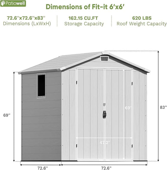 Patiowell 6X6 FT Outdoor Storage Shed with Lockable Door and Floor - Resin Garden Tool Shed with Window, Waterproof Easy Assembly for Backyard, Lawn, Patio Furniture Storage (Light Grey)