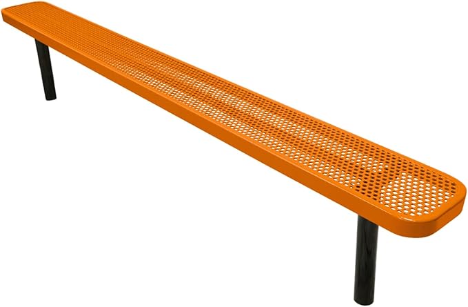 COATEDOUTDOORFURNITURE Heavy-Duty Outdoor Bench Thermoplastic Coated, Punched Steel, Commercial-Grade Seating, Made in America (Inground Without Back, 8 Ft, Textured Orange)